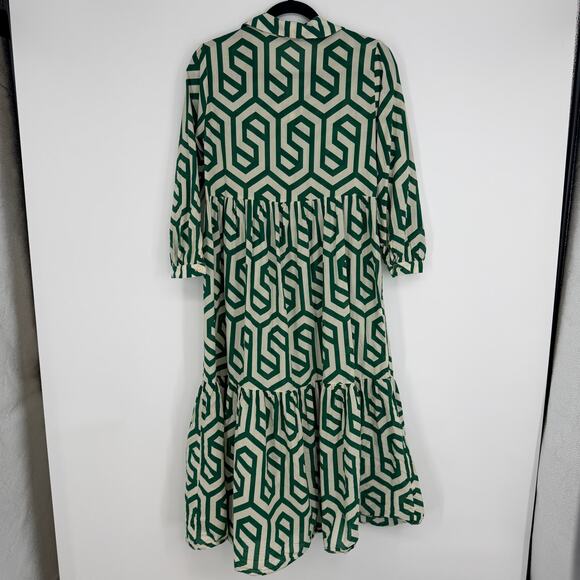 Zara Karen Tiered Midi Dress Geometric Print White Green Womens US XS - Picture 4 of 12